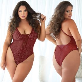 Allure Leopard Lace Up Teddy - Burgundy, 2X/3X