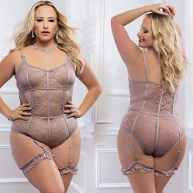 G World 2pc Slip in Sheer Teddy With Snap Crotch - Grey, One Size Plus